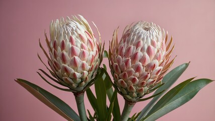 High-quality photograph of two pink protea flowers in bloom against a soft pink background with green leaves.