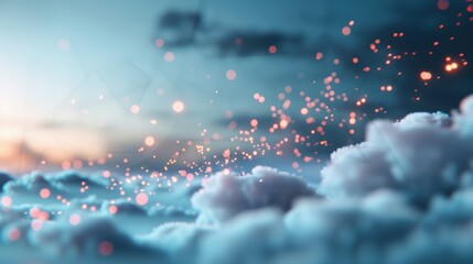 Poster - Capture the essence of network visualization in a surreal landscape where digital connections weave through misty, interconnected cloudscapes.