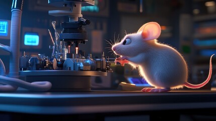 Poster - The genius mouse explores a high-tech research lab, interacting with advanced tools, embodying innovation and curiosity.