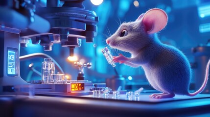 Poster - The genius mouse explores a high-tech research lab, interacting with advanced tools, embodying innovation and curiosity.