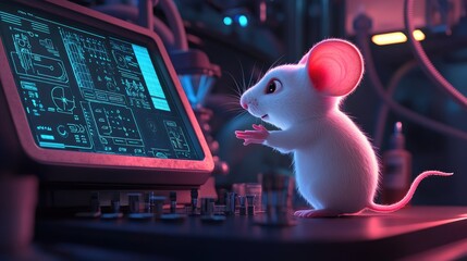 Poster - The genius mouse explores a high-tech research lab, interacting with advanced tools, embodying innovation and curiosity.