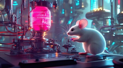 Poster - The genius mouse explores a high-tech research lab, interacting with advanced tools, embodying innovation and curiosity.