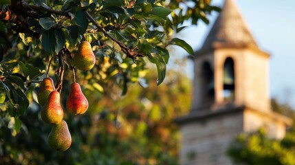 Sticker - Pear tree with ripe fruit and vintage medieval old buildings and church bell tower