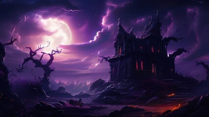 A haunting, dark mansion under a full moon, surrounded by eerie landscapes and twisted trees.