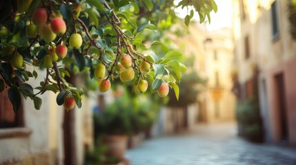 Poster - Pear tree with ripe fruit and vintage medieval old buildings in street