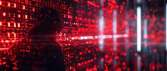 Poster - A mysterious figure surrounded by vibrant red digital patterns, embodying themes of cybersecurity and technology.