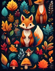 Wall Mural - Cozy Autumn Fall Forest Elements - set of whimsical fall forest icons, including cute fox, leaves, mushrooms, acorns. Graphic art illustration on dark background