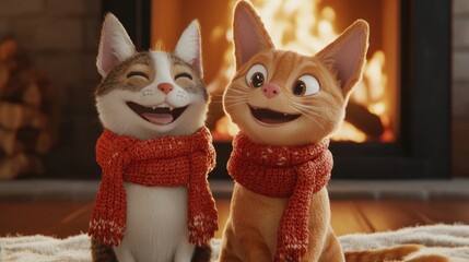 A cartoon dog and cat sitting together in front of a cozy fireplace, both smiling and wearing matching scarves.