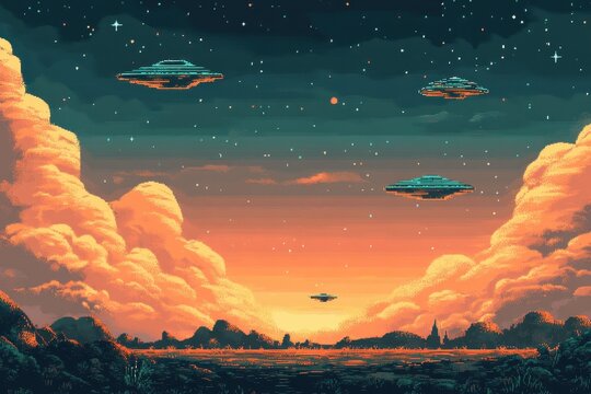 Digital Alien World: Futuristic Pixelated Landscape with Spaceships, Copy Space Sky