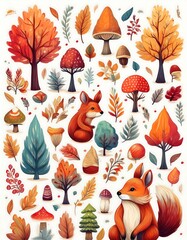 Wall Mural - Cozy Autumn Fall Forest Elements Pattern - set of whimsical fall forest icons, including cute fox, leaves, mushrooms, acorns. Graphic art illustration