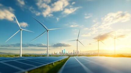 Wall Mural - a futuristic cityscape powered entirely by wind turbines and solar panels, with holographic advertis