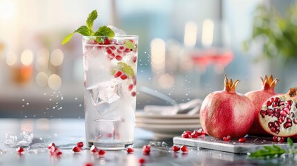 Wall Mural - Pitcher of pomegranate juice with ice cubes and seeds, granite countertop, whole pomegranates, elegant glassware, fine dining setting.