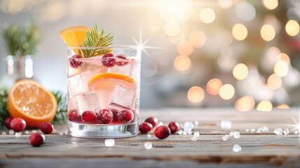 Wall Mural - Stylish glass of cranberry juice, orange slices, cranberries, festive holiday backdrop with twinkling lights.