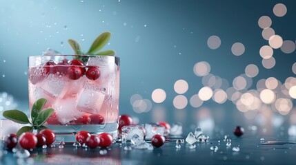 Wall Mural - Stylish glass of cranberry juice, orange slices, cranberries, festive holiday backdrop with twinkling lights.