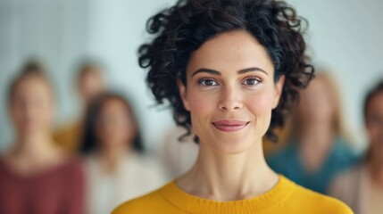 Wall Mural - Close-up portrait of a confident woman smiling with a blurred group of colleagues in the background in an office setting.