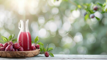 Wall Mural - A carafe of rich plum juice on a rustic wooden table, accompanied by fresh plums, set in a sunlit garden, evoking a sense of tranquility.