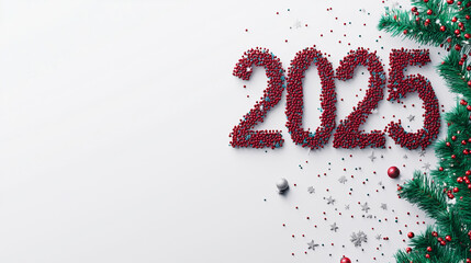 2025 with white background written in red confetti, mixed with Christmas tree space to write