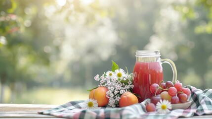 Wall Mural - A vibrant picnic setup with a jug of plum juice, colorful fruits, and a plaid blanket, perfect for a sunny day outdoors.