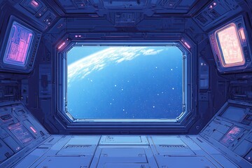 Fototapete - Retro 16-Bit Space Station Interior with Pixelated Windows and Copy Space