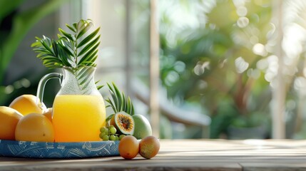 Wall Mural - A cozy tropical scene with a pitcher of passion fruit juice and tropical fruits on a sunlit table, creating a warm and inviting atmosphere.