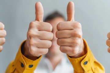 Close-up of two hands giving thumbs up gesture, symbolizing agreement, approval, and positive feedback with a blurred background.