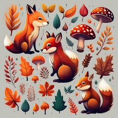Wall Mural - Cozy Autumn Fall Forest Elements - set of whimsical fall forest icons, including cute fox, leaves, mushrooms, acorns. Graphic artwork illustration