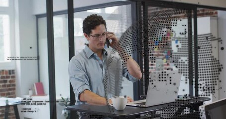 Poster - Animation of financial data processing over caucasian businessman using laptop in office