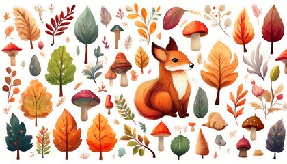 Wall Mural - Cozy Autumn Fall Forest Elements Pattern - set of whimsical fall forest icons, including cute fox, leaves, mushrooms, acorns. Graphic art illustration isolated on white background