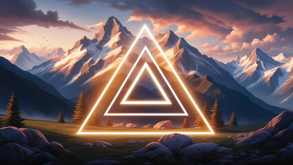 An abstract grid mountain landscape and a bright glowing neon triangle make up this synthwave style background