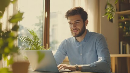 charismatic young professional man working on laptop warm inviting office environment soft natural lighting confident and friendly expression represents modern workplace and career success