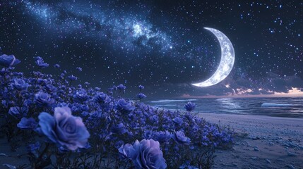 Wall Mural - null The picture is transparent. A huge silver-white crescent moon is scattered on the beach. The Milky Way shines with many purple-blue roses. 