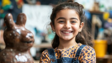 Young girl smiles proudly beside her clay bunny sculpture in studio