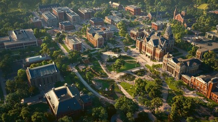 Aerial view of a sprawling university campus with a mix of historic and modern buildings.