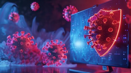 Digital illustration of virus protection on a screen, showcasing shield graphics and floating virus particles in vibrant colors.