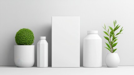 A minimalist display featuring plants, bottles, and a blank canvas in a serene, modern setting ideal for design projects.