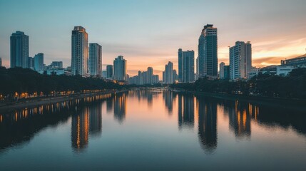 Poster - Cityscape with a river running through, lined with tall buildings reflecting in the water.