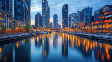 Poster - Cityscape with a river running through, lined with tall buildings reflecting in the water.