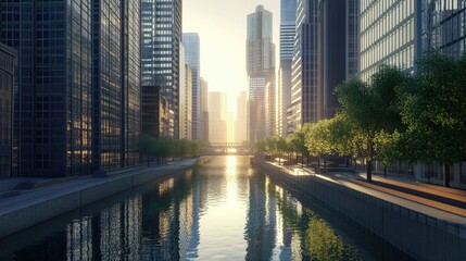 Poster - Cityscape with a river running through, lined with tall buildings reflecting in the water.