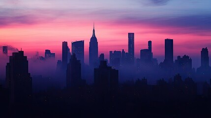 Poster - City skyline at dusk, with tall buildings silhouetted against the fading light.
