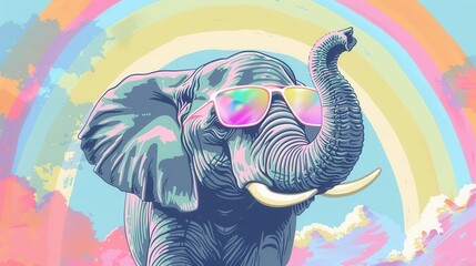 Wall Mural - whimsical elephant in sunglasses against pastel rainbow background vector illustration