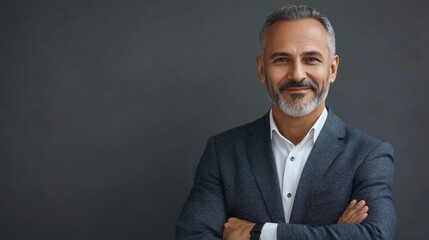 Wall Mural - Smiling confident latin hispanic mature business man standing isolated on grey background. Older senior businessman, 40s 50s male professional ceo, coach, leader looking at camera. with generative ai