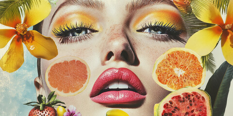 Colorful portrait of beauty and vibrant female face makeup. The artwork with tropical fruit, flowers and abstract elements. Pop-up vintage collage style poster