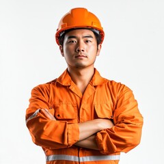 Poster - Industrial worker in an orange uniform and helmet clothing crossed male.