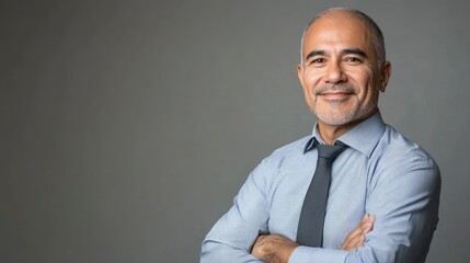 Wall Mural - Smiling confident latin hispanic mature business man standing isolated on grey background. Older senior businessman, 40s 50s male professional ceo, coach, leader looking at camera. with generative ai