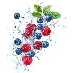 Wall Mural - Berries flying in the air with water splash berry blueberries raspberries.