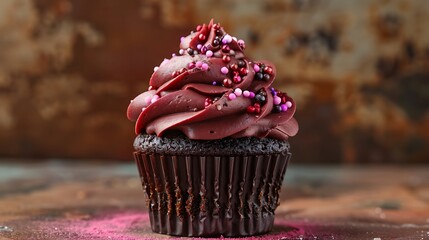 Innovative colored cupcake with burgundy ground and distinctive details