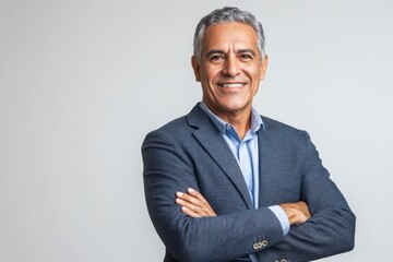 Wall Mural - Smiling confident latin hispanic mature business man standing isolated on grey background. Older senior businessman, 40s 50s male professional ceo, coach, leader looking at camera. with generative ai