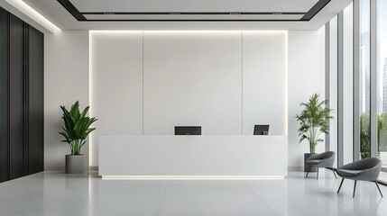 Poster - Empty office lobby with a modern reception desk, symbolizing a welcoming business environment.