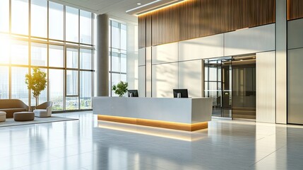Poster - Empty office lobby with a modern reception desk, symbolizing a welcoming business environment.