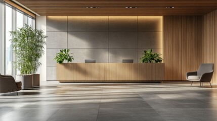 Poster - Empty office lobby with a modern reception desk, symbolizing a welcoming business environment.